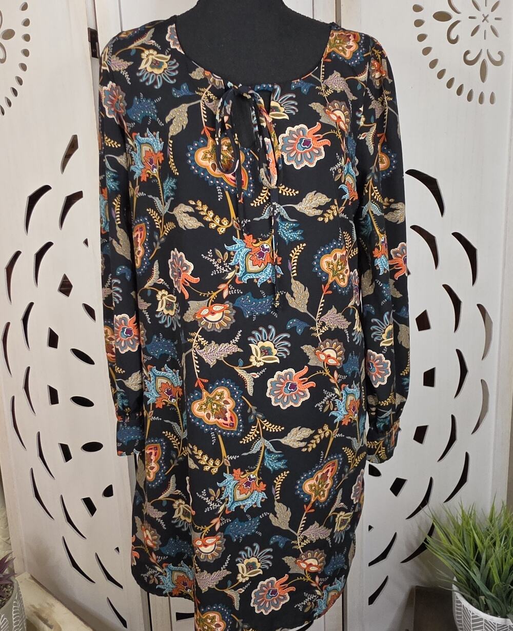 Pink Owl Boho Shift Dress Floral Print Black with V-Neck Size Small